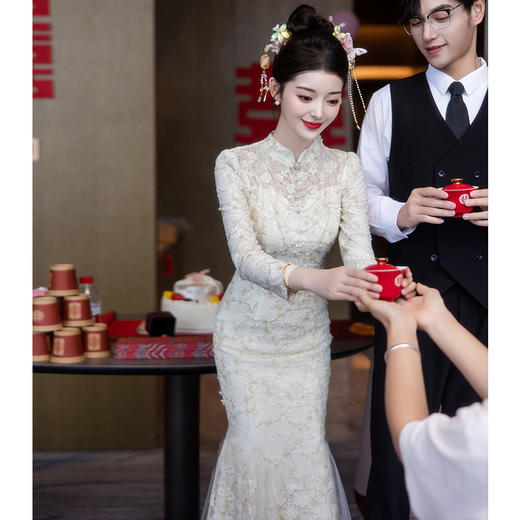 蕾丝敬酒服新娘2025新款新中式旗袍订婚礼服连衣裙平时可穿鱼尾女 商品图2