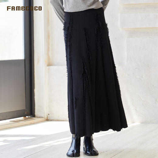 Famecoco时尚毛须设计感针织半身裙高腰A字摆裙FAC8HA014 商品图1