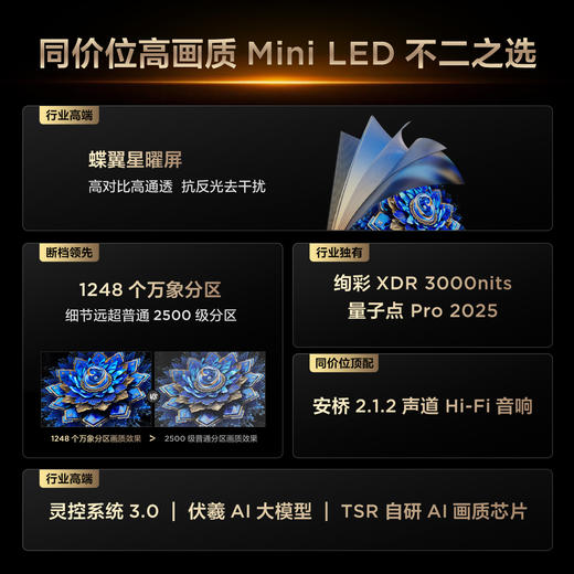 【新品上市】TCL电视 75T7L Ultra 75英寸 QD-Mini LED 蝶翼星曜屏 万象分区 绚彩XDR 3000nits 超薄电视 商品图1