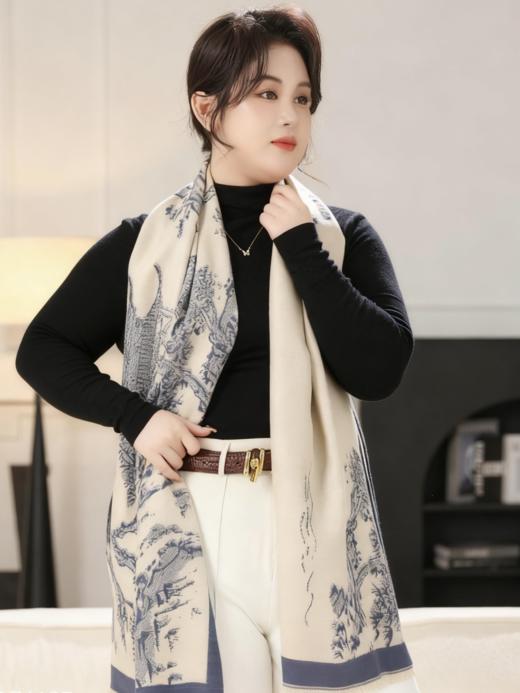 一周内发货【3色山水画围巾&披肩两用】卡其、黑色、蓝色，正反两用~尺寸：63*180cm，克重：360克，不压肩。成分：黏胶棉，不易起球~ 商品图2