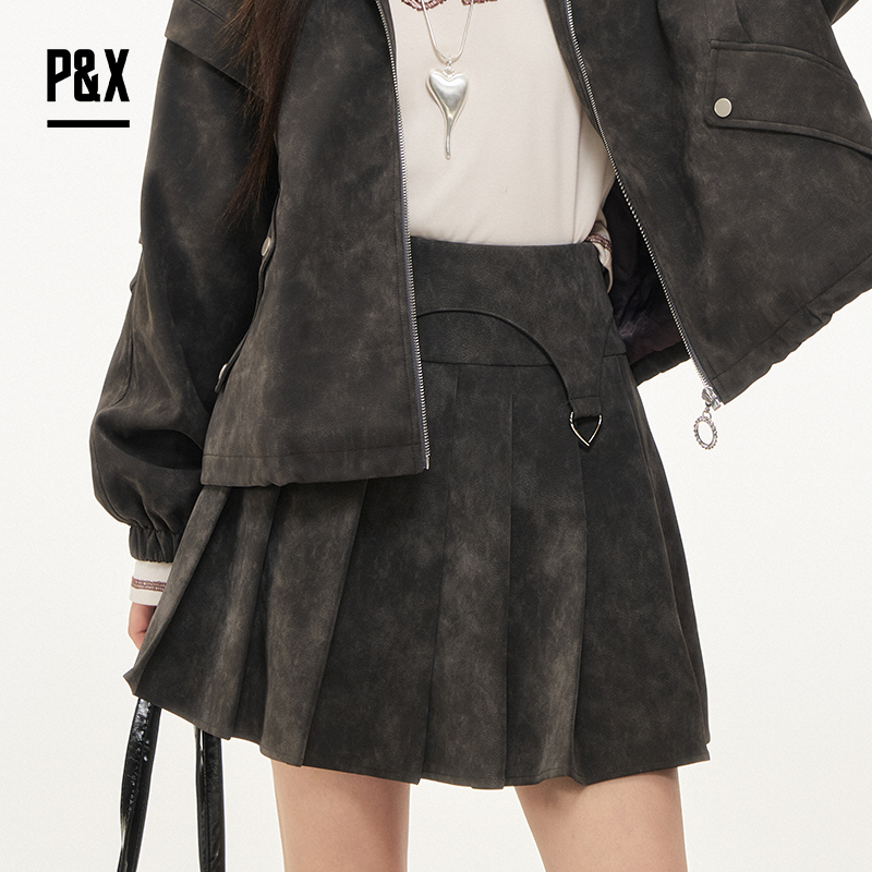 P&X设计师女装2025冬季复古百褶A字PU半身短裙 825407095 灰色