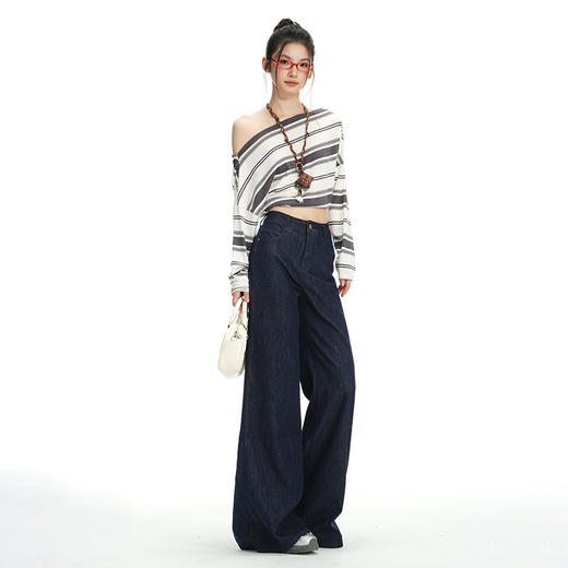 罗蒙春秋款牛仔裤女士普洗蓝微喇设计宽松垂感直筒百搭显瘦拖地长裤 商品图2