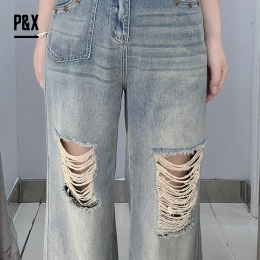 P&X设计师女装裤闲微潮破洞磨破阔腿高腰牛仔长裤 824210373 蓝色 商品图4