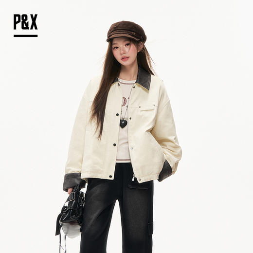 P&X设计师女装2025冬季女潮酷拼接宽松短款羽绒服825424074 杏色 商品图1