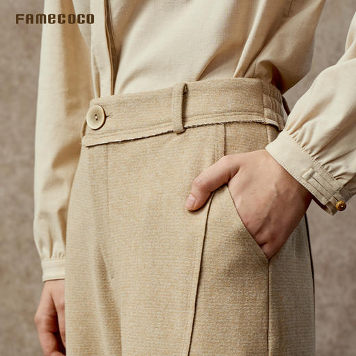 Famecoco双色羊毛梭织简约弯刀裤宽松休闲裤弹力松紧带FAC8GA003 商品图2