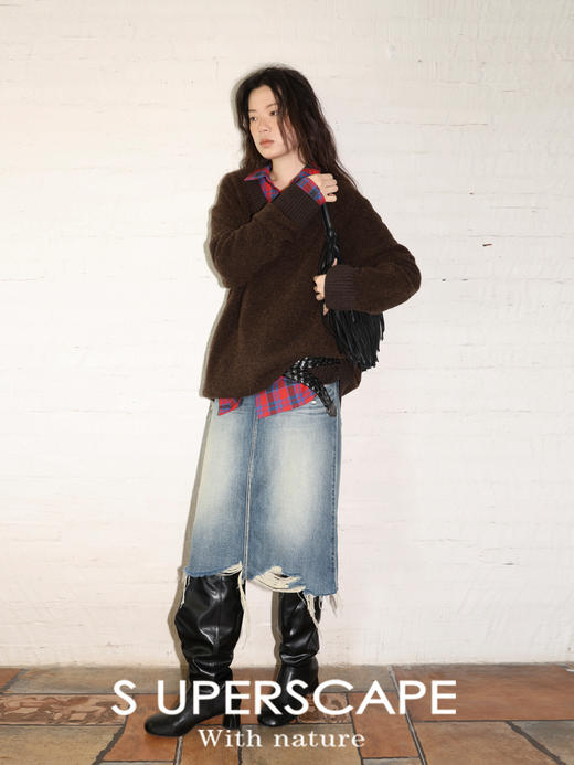 素舶 全棉磨破柔雾蓝水洗牛仔裙中长款流苏不规则下摆直筒半身裙 商品图2