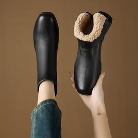 【预售5天】冬季新款厚底加绒短靴女方头百搭舒适羊皮后拉链中跟时装靴子DTN&266-8