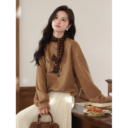 鹿向南「里昂灯光」美拉德抽绳下摆咖色气质卫衣女秋宽松显瘦上衣 商品图1