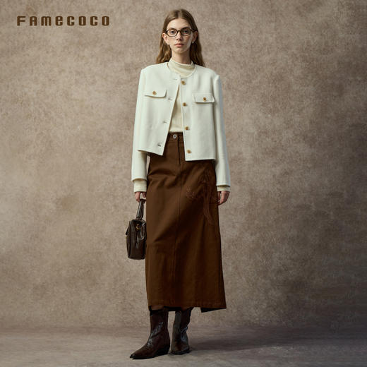 Famecoco范可儿文艺绣花H版型半身裙高腰显瘦显高长裙FAC8HA016 商品图3