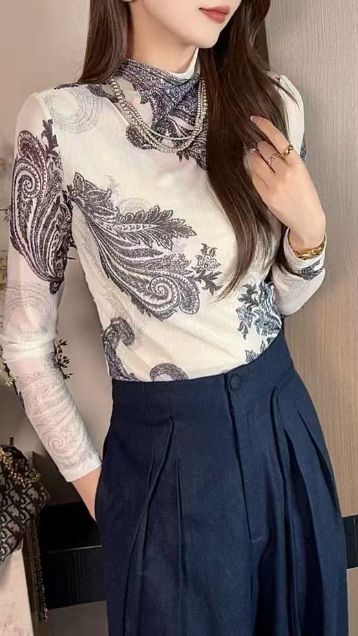 SZ3T53_皓色_T恤_秋季_半高领透视网纱腰果花印花修身长袖_高级女装_BERNIEELEN 伯妮斯茵 商品图1