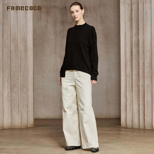 Famecoco宽松慵懒风圆领毛衣不规则绞花拼接长袖针织衫FAC8DC005 商品图4