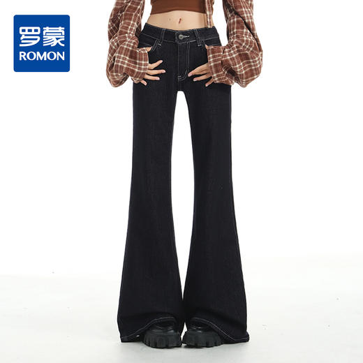 罗蒙春秋款女士牛仔裤丹尼深蓝微喇叭裤子显瘦百搭原色弹力阔腿拖地长裤 商品图0