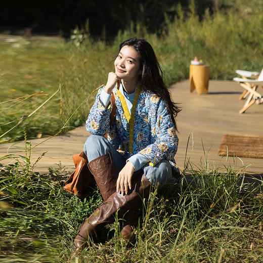 绽放668朵/蓝韵繁华短款棉服·盐缩棉底布印花拼色棉衣新款冬外套 商品图1