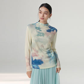 【林栖设计小店】绵羊毛T恤复古印花油画衫抽褶优雅显瘦2025秋冬新款长袖上衣女T1954179