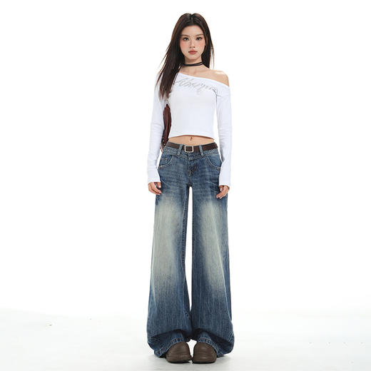 罗蒙牛仔裤女士春秋款复古深蓝渐变水洗抓痕美式高街低腰拖地宽松阔腿裤 商品图1