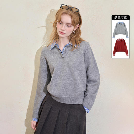 西遇假两件格纹拼接套头毛衣女冬季新款气质百搭翻领针织衫H0055301 商品图0