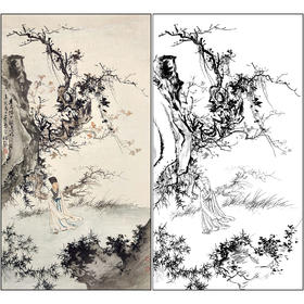 陈少梅山水人物工笔画白描底稿《秋声赋》临摹勾线高清打印稿SM36
