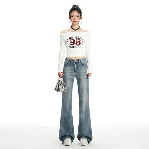 罗蒙春秋款女士浅蓝色牛仔裤微喇修身显瘦百搭小个子喇叭裤拖地长裤 商品图1