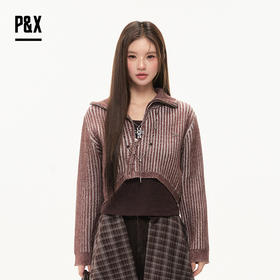 P&X设计师女装2025冬季T恤针织条纹两件套短款上衣825415095 咖色
