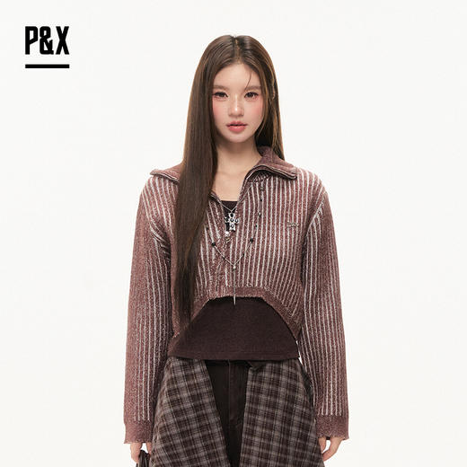 P&X设计师女装2025冬季T恤针织条纹两件套短款上衣825415095 咖色 商品图0