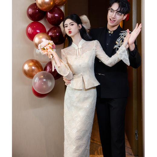 香槟色订婚旗袍敬酒服新娘新中式结婚礼服连衣裙高级感长袖两件套 商品图2