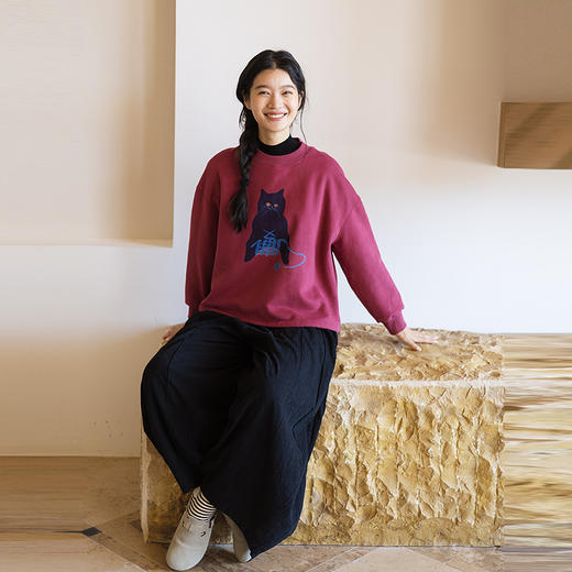 绽放656朵/猫猫卫衣·新款打毛衣的猫咪手绘印花抓毛长袖T恤卫衣 商品图1