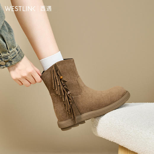 西遇勃肯短靴女新款秋冬复古V口流苏西部牛仔靴圆头平底单靴V2257256 商品图1