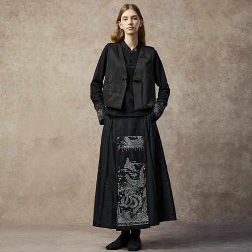 Famecoco新中式国风织金凤凰刺绣马面裙宽松长款半身裙FAC8HA026 商品图0