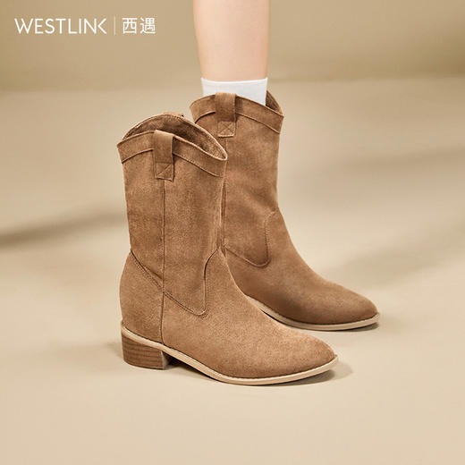 西遇内增高西部牛仔靴女新款秋冬复古废土风V口粗跟棕色短靴V2257224 商品图0