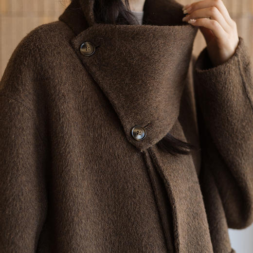 绽放625朵/荒野旅行外套·羊驼羊毛混纺开襟含围巾中长款毛呢外套 商品图3