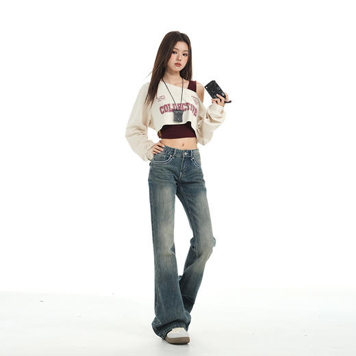 罗蒙春秋款牛仔裤女士复古水洗渐变微喇裤低腰辣妹风显瘦喇叭拖地裤子 商品图5