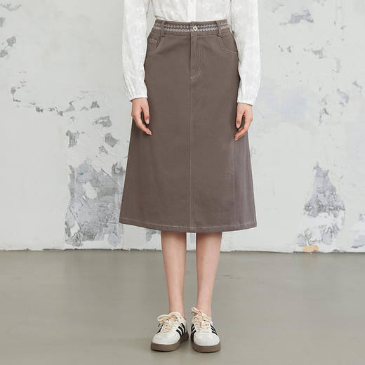 Famecoco范可儿商场同款棉质A字裙显瘦半身裙腰间刺绣FAB6HB001 商品图0