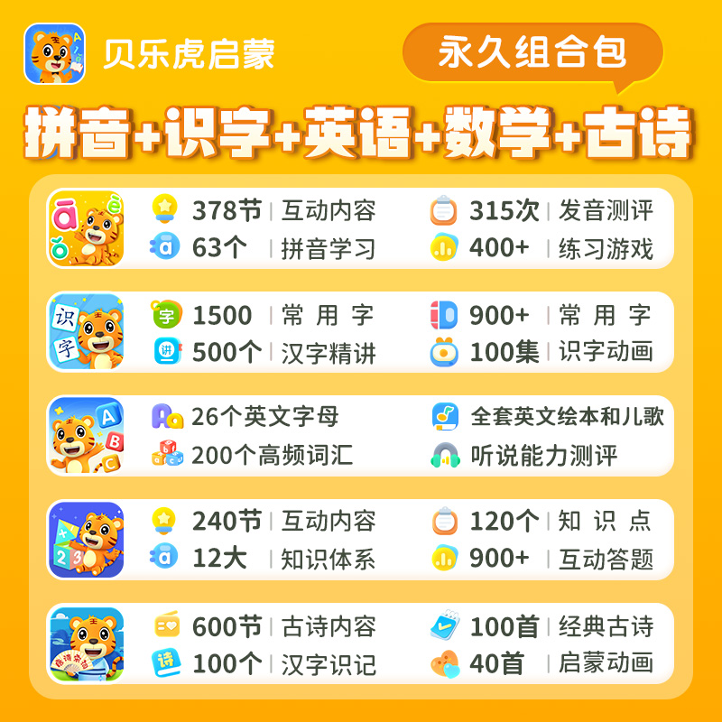 贝乐虎【识字+拼音+数学+英语+古诗】组合套餐永久包---填写手机号自动充值