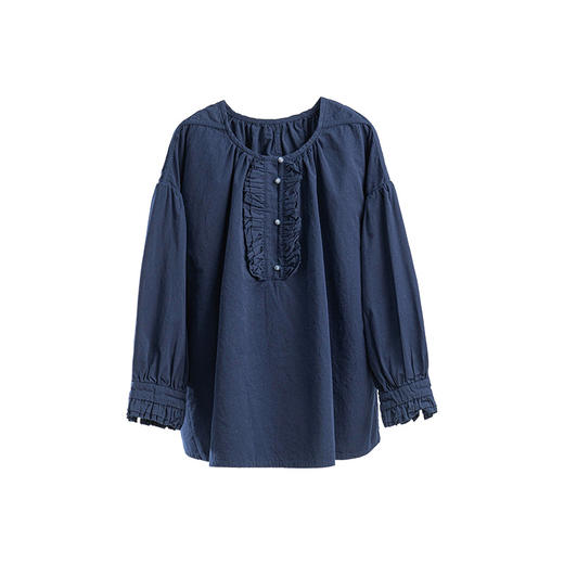 绽放690朵/花边儿小衫·亚麻棉气质花边碎褶宽松落肩长袖衬衫新款 商品图4