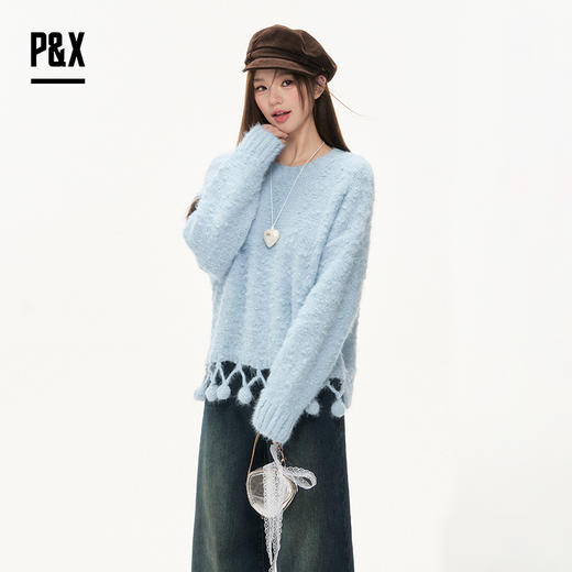 P&X设计师女装2025冬季少女风宽松时尚短款毛衣 825418193 蓝色 商品图3