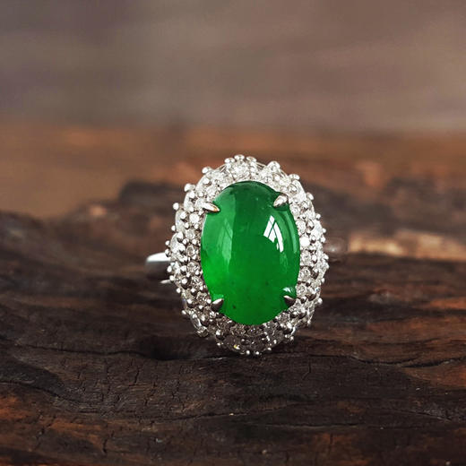 【天然正品】A货翡翠AU750收藏级白金豪镶钻镶天然细腻满绿冰种蛋面翡翠戒指16.5号（戒圈可改）女士161025XY11现售价：29800 商品图4