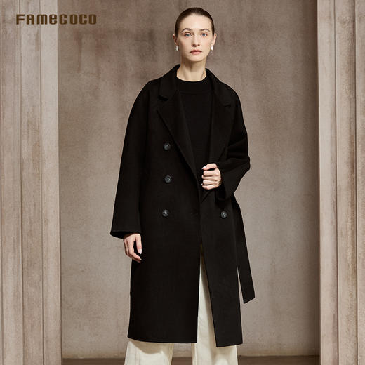 Famecoco简约西装领宽松直筒纯羊毛双面呢大衣长款毛呢FAC8AQ026 商品图2