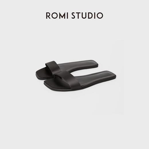 ROMI STUDIO 桑蚕丝和羊皮革黑色极简一字平底凉鞋 RWCRP33455 商品图4