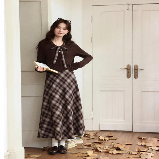 鹿向南「橡树之语」法式气质格纹咖色高腰半身裙女秋显瘦A字长裙 商品图3