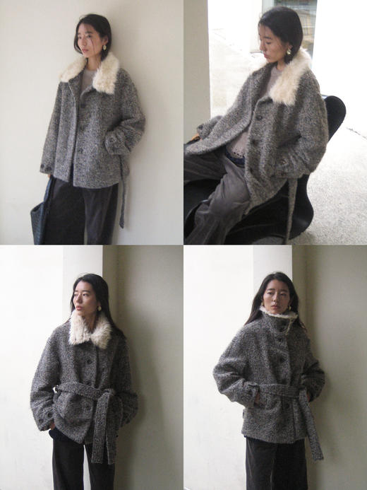 素舶 羊驼毛绵羊毛混纺杂色圈圈毛立领短款系带毛呢外套 商品图3