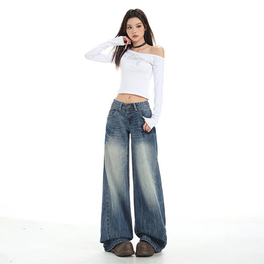 罗蒙牛仔裤女士春秋款复古深蓝渐变水洗抓痕美式高街低腰拖地宽松阔腿裤 商品图5
