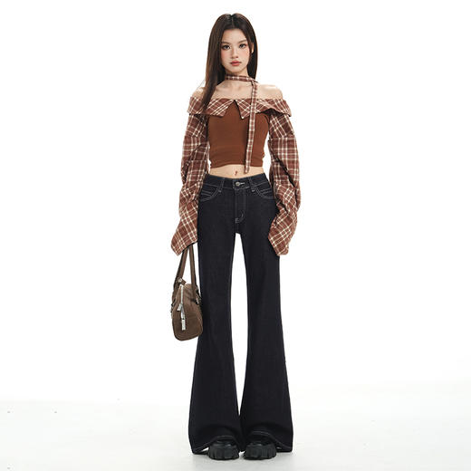 罗蒙春秋款女士牛仔裤丹尼深蓝微喇叭裤子显瘦百搭原色弹力阔腿拖地长裤 商品图1