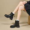 西遇圆头短靴女新款秋冬洋气法式瘦瘦靴黑色粗跟厚底切尔西靴V2257255 商品缩略图3