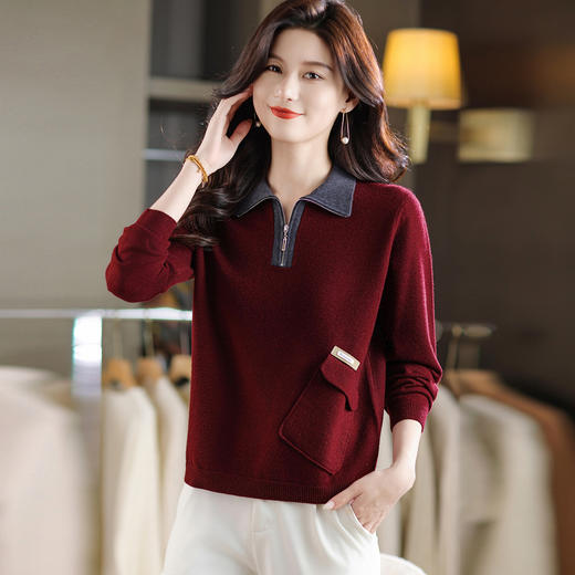 QF 105-1257翻领针织衫拼色宽松休闲毛衣 商品图1