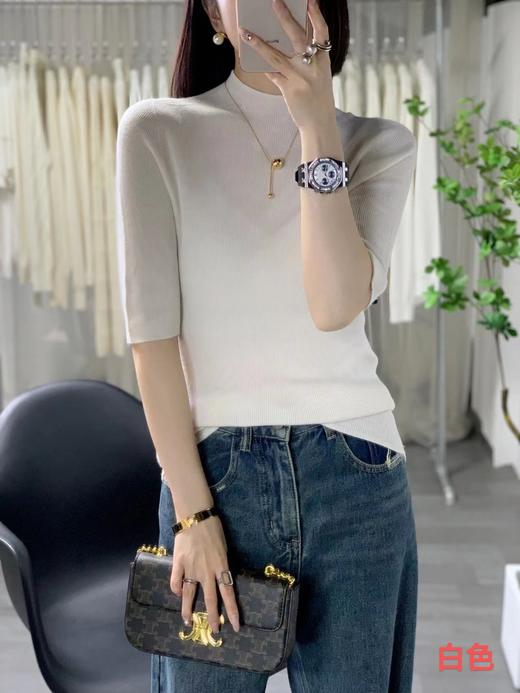 伯妮斯茵 | 高级感利落 纯色坑条羊毛打底衫 五分袖设计 百搭叠穿 日常内搭款 SZ3E17 - 白色针织衫 -【诗说先秦~与时尚对话，与年龄和解，与诗意重逢！】 商品图0