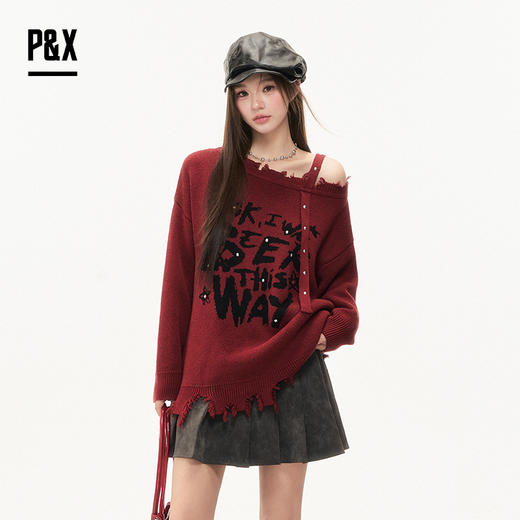 P&X设计师女装2025冬季慵懒风时尚中长款毛衣  825418190 红色 商品图1
