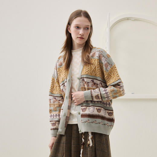 谜底针织开衫长袖2025冬季新品时髦廓形原创图案毛衣女254MZ1916 商品图1