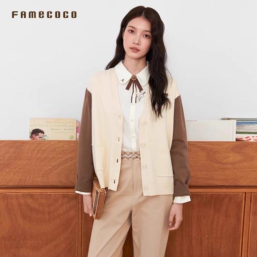 Famecoco范可儿撞色拼接V领休闲开衫学院风针织外套FAB6DE015 商品图2