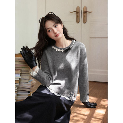 鹿向南「柏林灰枝」设计感法式灰色毛衣女秋季慵懒宽松假两件上衣 商品图3