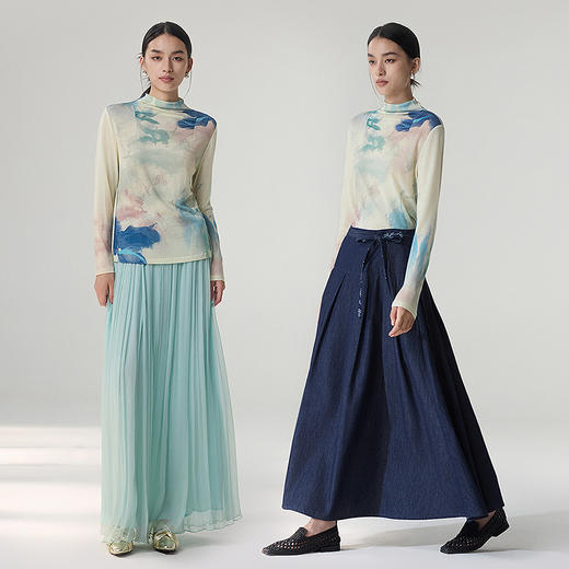 【林栖设计小店】绵羊毛T恤复古印花油画衫抽褶优雅显瘦2025秋冬新款长袖上衣女T1954179 商品图4